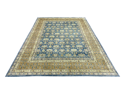 Blue and Camel Pure Silk Transitional Samarkand Handknotted Area Rug