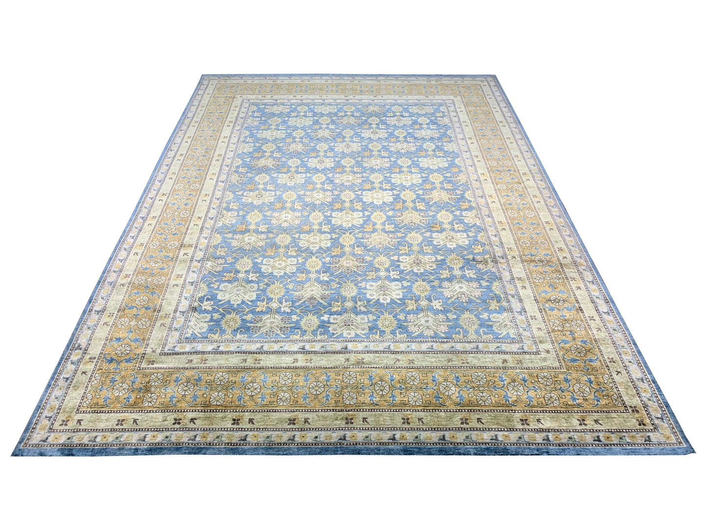 Blue and Camel Pure Silk Transitional Samarkand Handknotted Area Rug