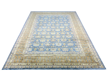 Blue and Camel Pure Silk Transitional Samarkand Handknotted Area Rug