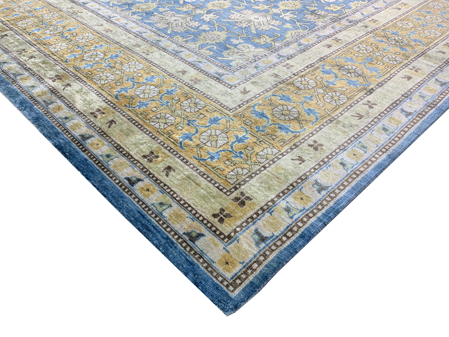 Blue and Camel Pure Silk Transitional Samarkand Handknotted Area Rug