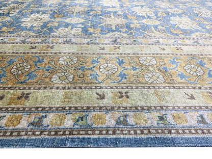 Blue and Camel Pure Silk Transitional Samarkand Handknotted Area Rug