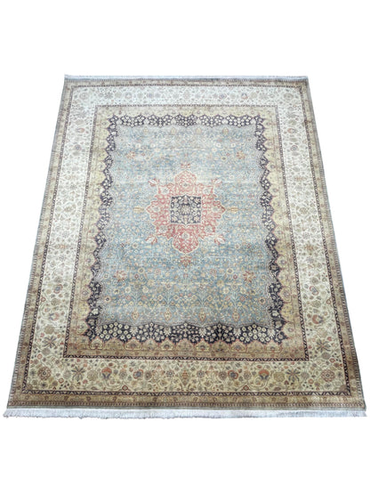 Blue and Ivory Pure Silk Traditional Luxury Handknotted Area Rug