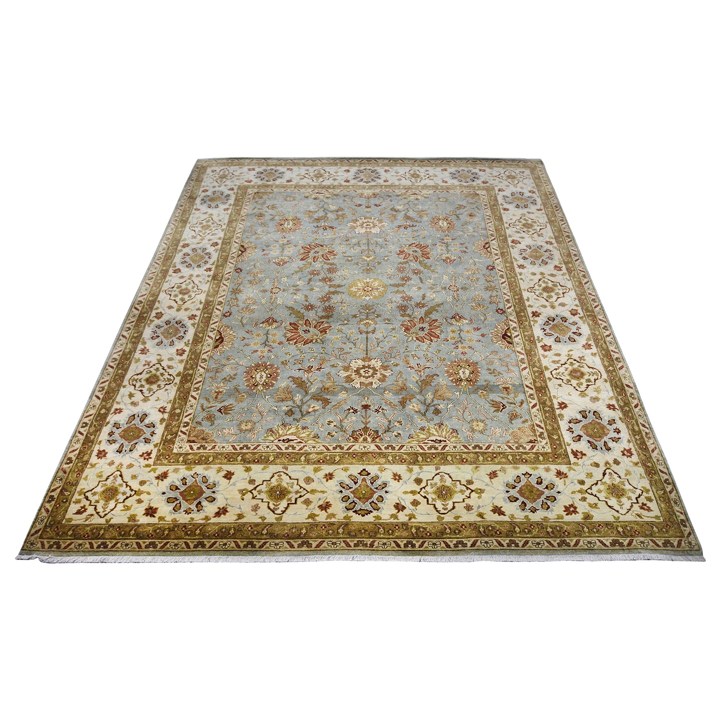 Mughal Light Blue, Ivory and Camel Traditional Jaipur Pure Wool Luxury Handknotted Area Rug