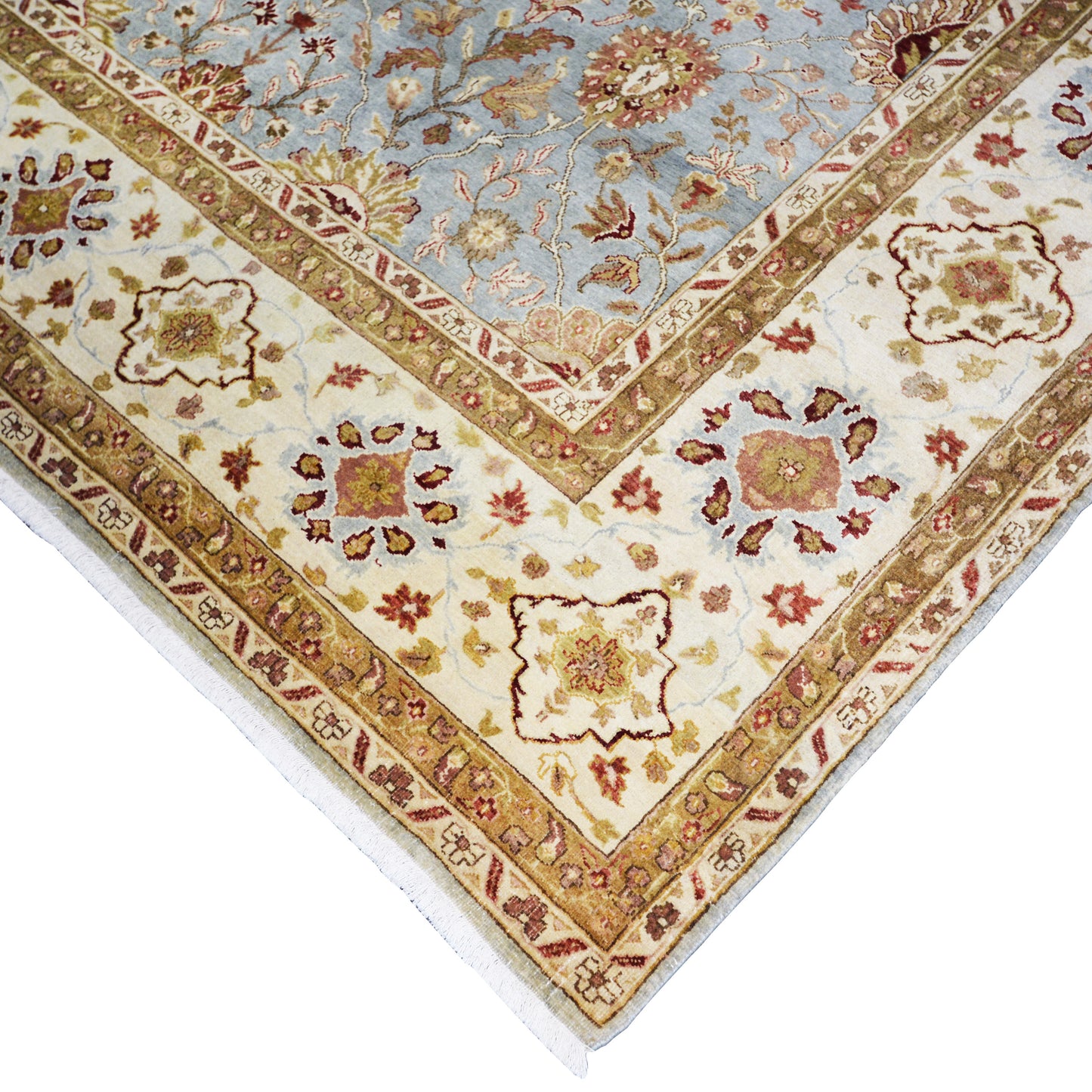 Mughal Light Blue, Ivory and Camel Traditional Jaipur Pure Wool Luxury Handknotted Area Rug