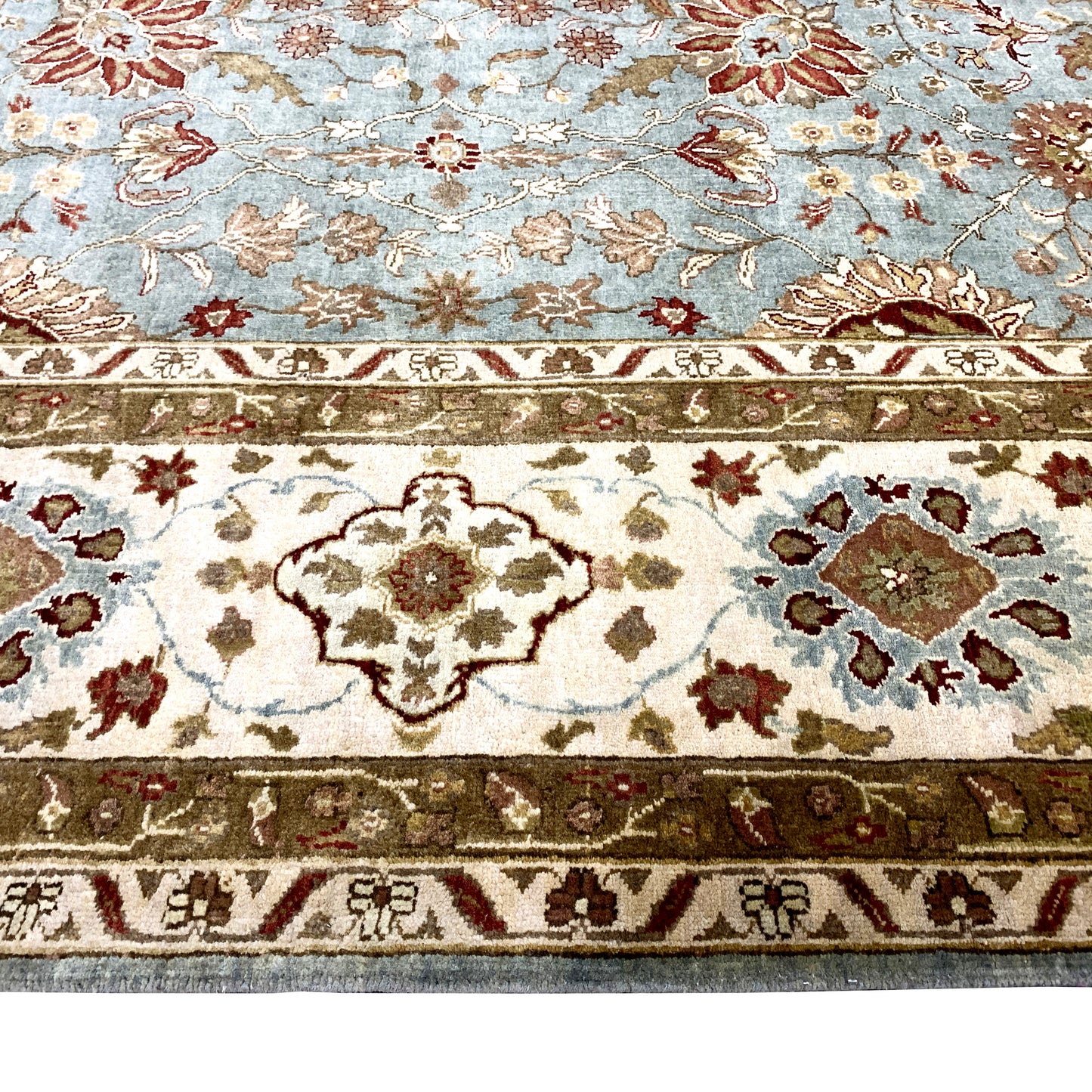 Mughal Light Blue, Ivory and Camel Traditional Jaipur Pure Wool Luxury Handknotted Area Rug