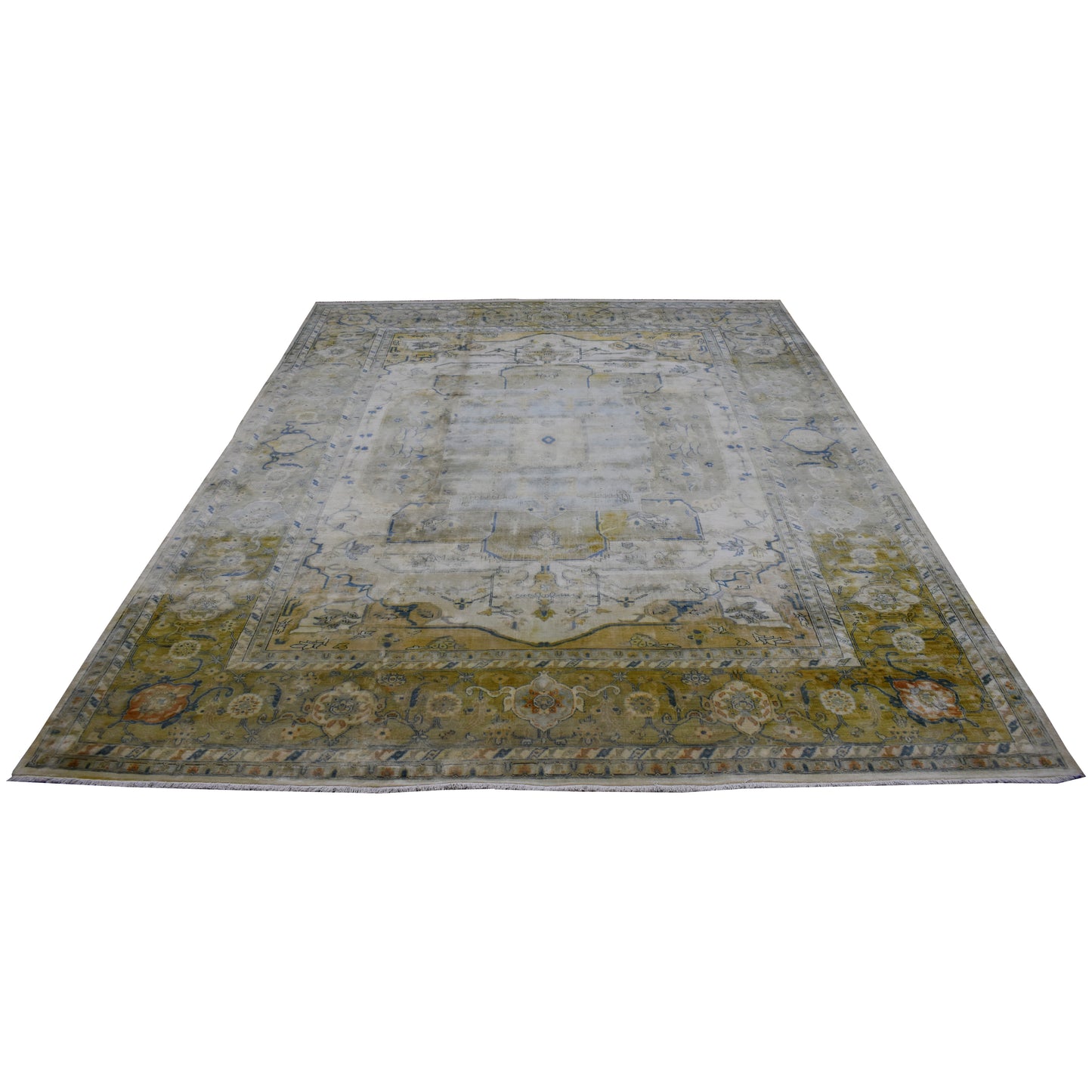 Mahal Rust, Ivory, Yellow and Blue Antique Heriz Luxury Traditional  Pure Wool Handknotted Area Rug