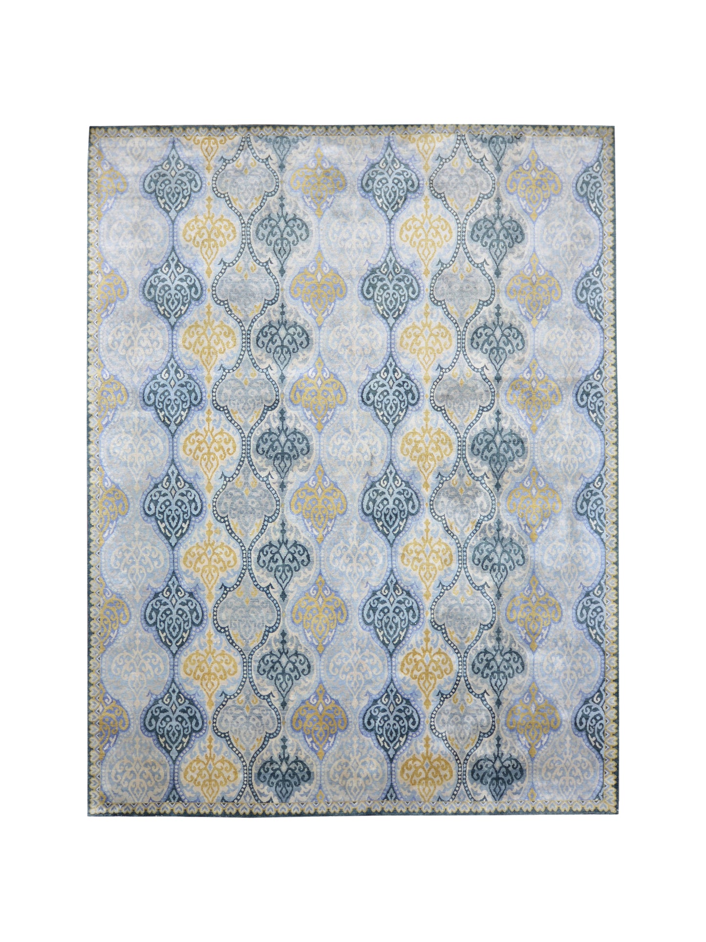 Blue and Grey Pure Silk Transitional Area Handknotted Rug 7.11x10.3ft 240x313Cms