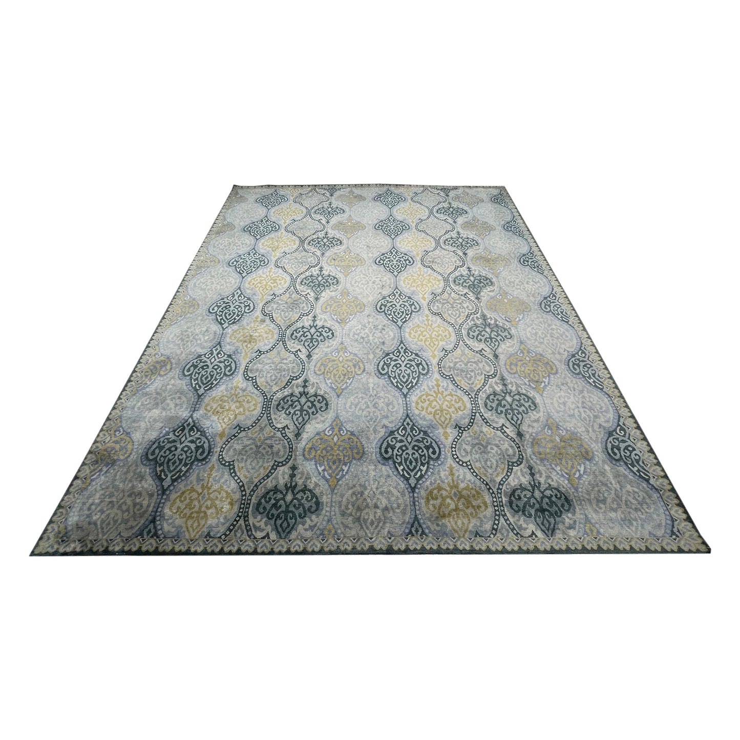 Blue and Grey Pure Silk Transitional Area Handknotted Rug 7.11x10.3ft 240x313Cms