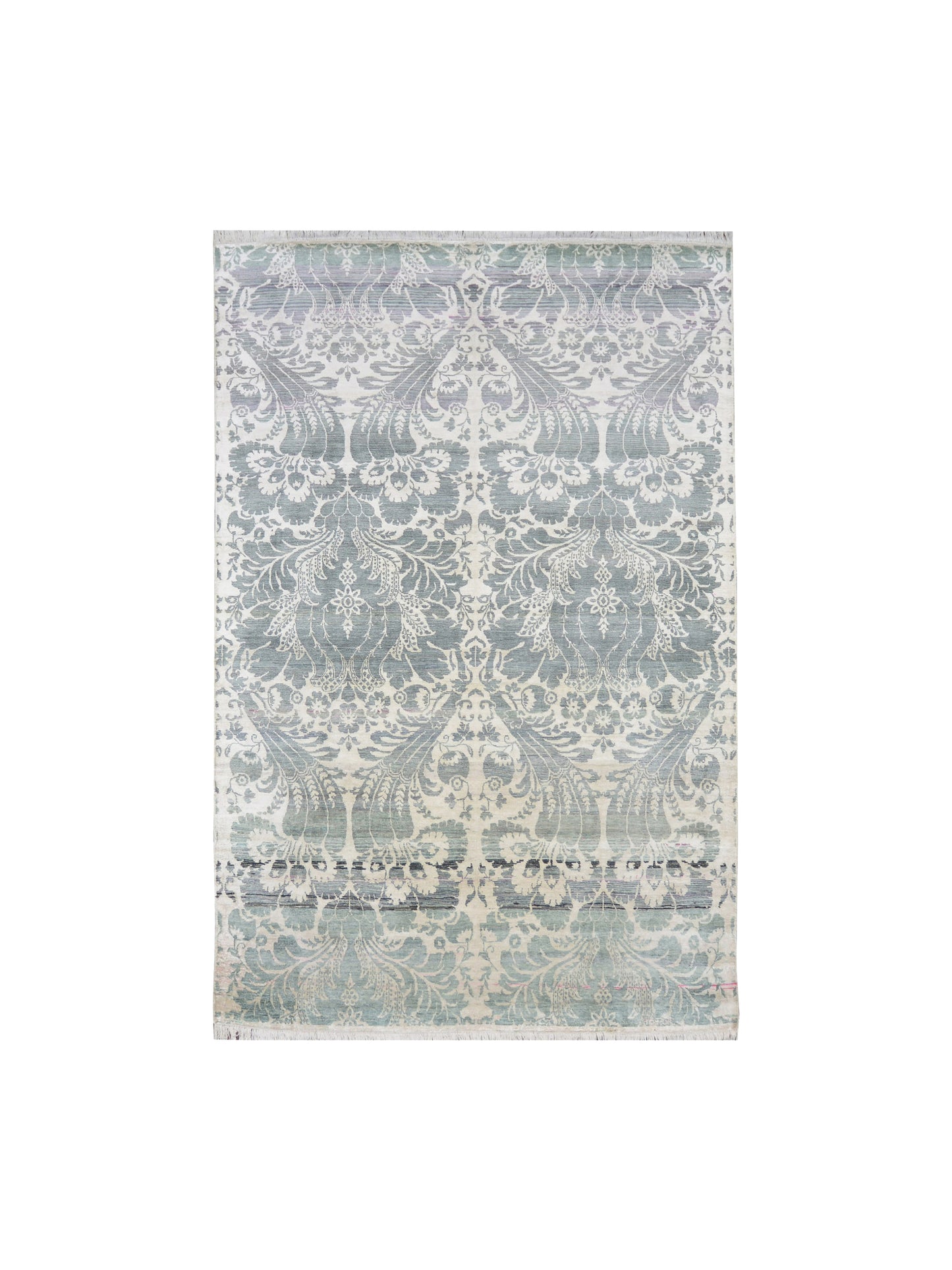 Ivory and Blue Pure Silk Transitional Handknotted Area Rug 5.11x8.11ft 180X271Cms