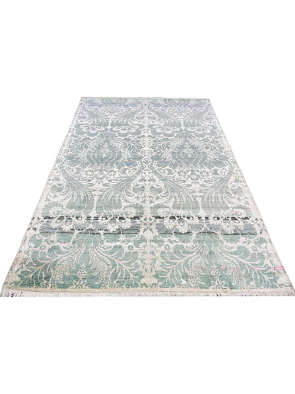 Ivory and Blue Pure Silk Transitional Handknotted Area Rug 5.11x8.11ft 180X271Cms