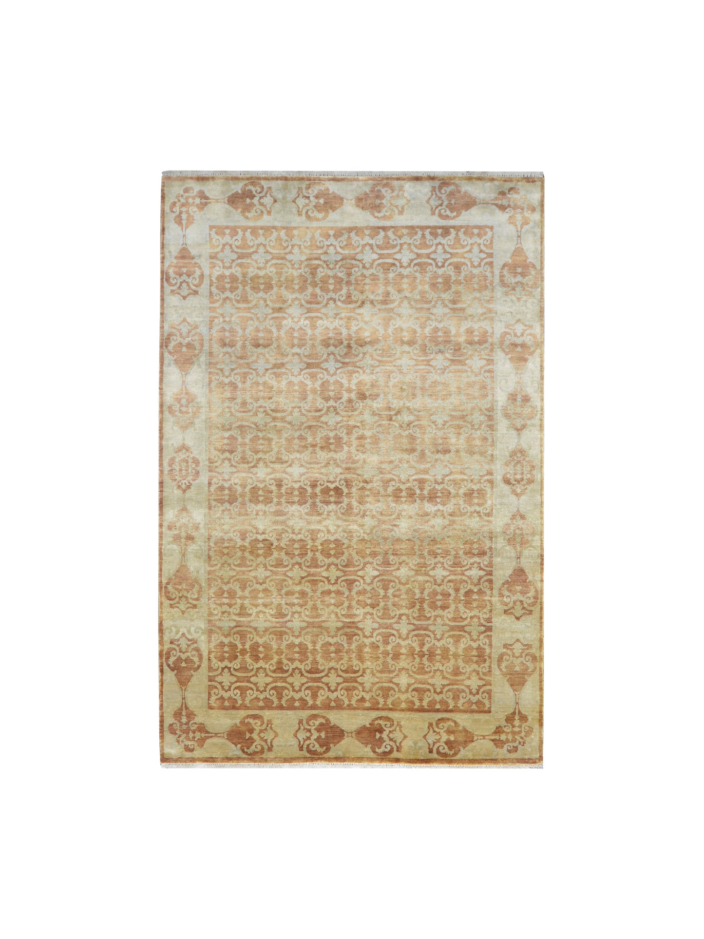 Ivory and Rust Pure Silk Transitional Handknotted Area Rug 6x8.10ft 182x269Cms