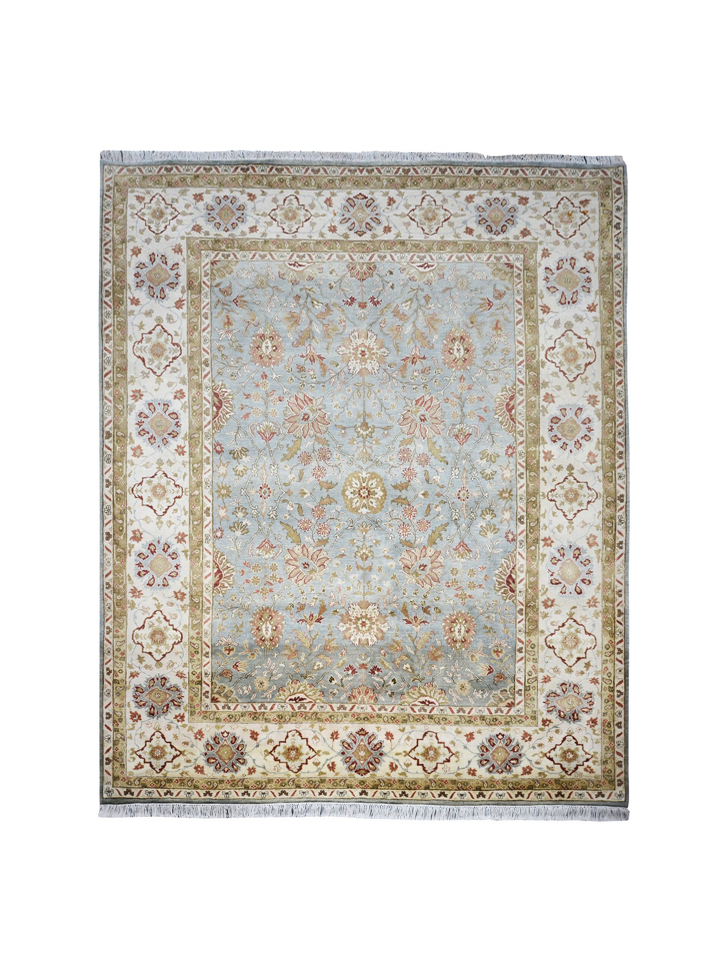 Floral Light Blue, Brown, Ivory and Red Traditional Pure Wool Jaipur Handknotted Area Rug