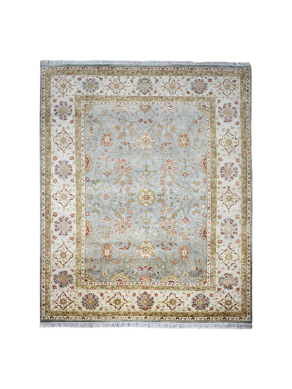 Floral Light Blue, Brown, Ivory and Red Traditional Pure Wool Jaipur Handknotted Area Rug