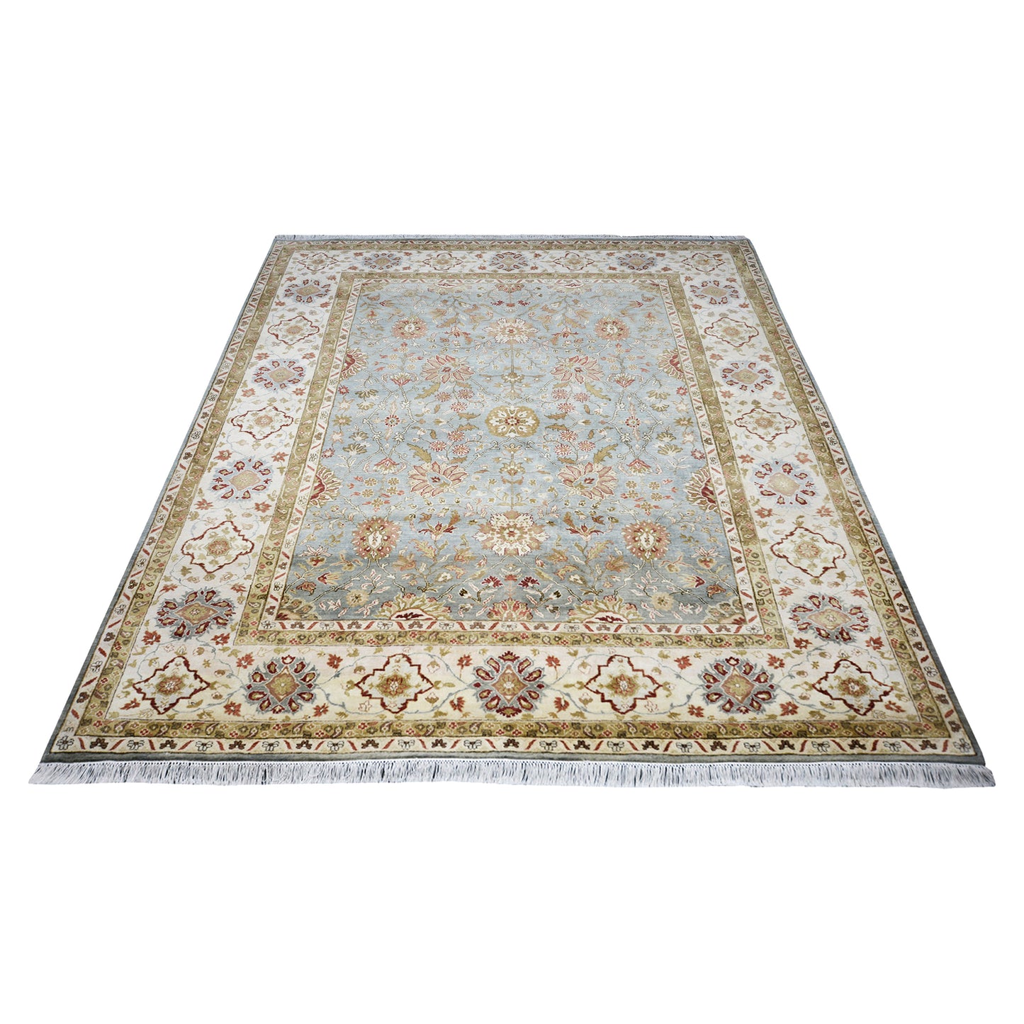 Floral Light Blue, Brown, Ivory and Red Traditional Pure Wool Jaipur Handknotted Area Rug