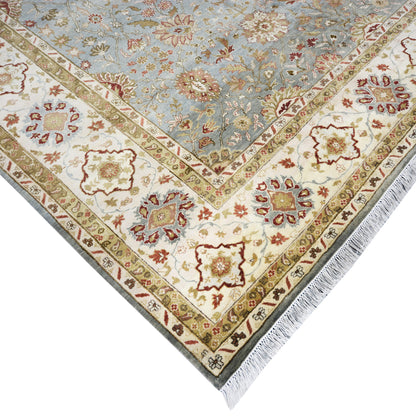 Floral Light Blue, Brown, Ivory and Red Traditional Pure Wool Jaipur Handknotted Area Rug