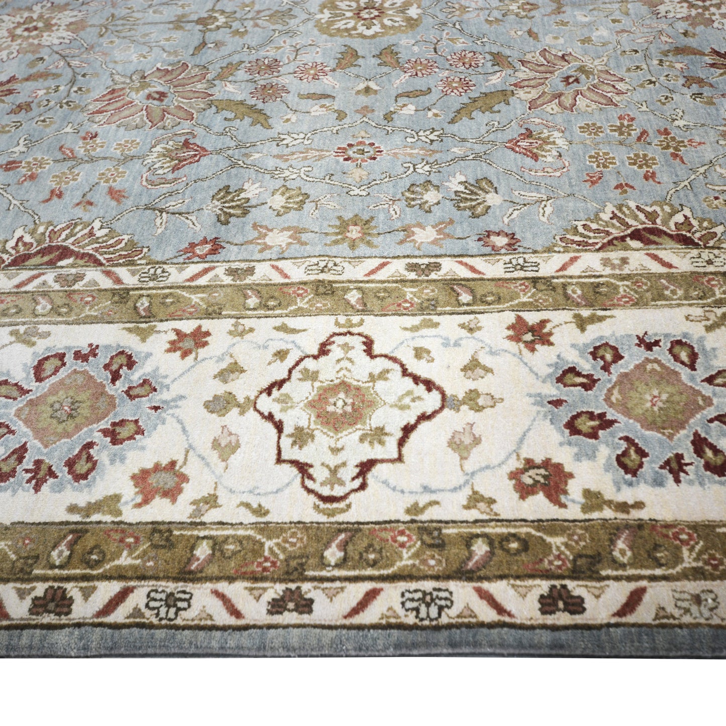 Floral Light Blue, Brown, Ivory and Red Traditional Pure Wool Jaipur Handknotted Area Rug