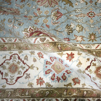 Floral Light Blue, Brown, Ivory and Red Traditional Pure Wool Jaipur Handknotted Area Rug