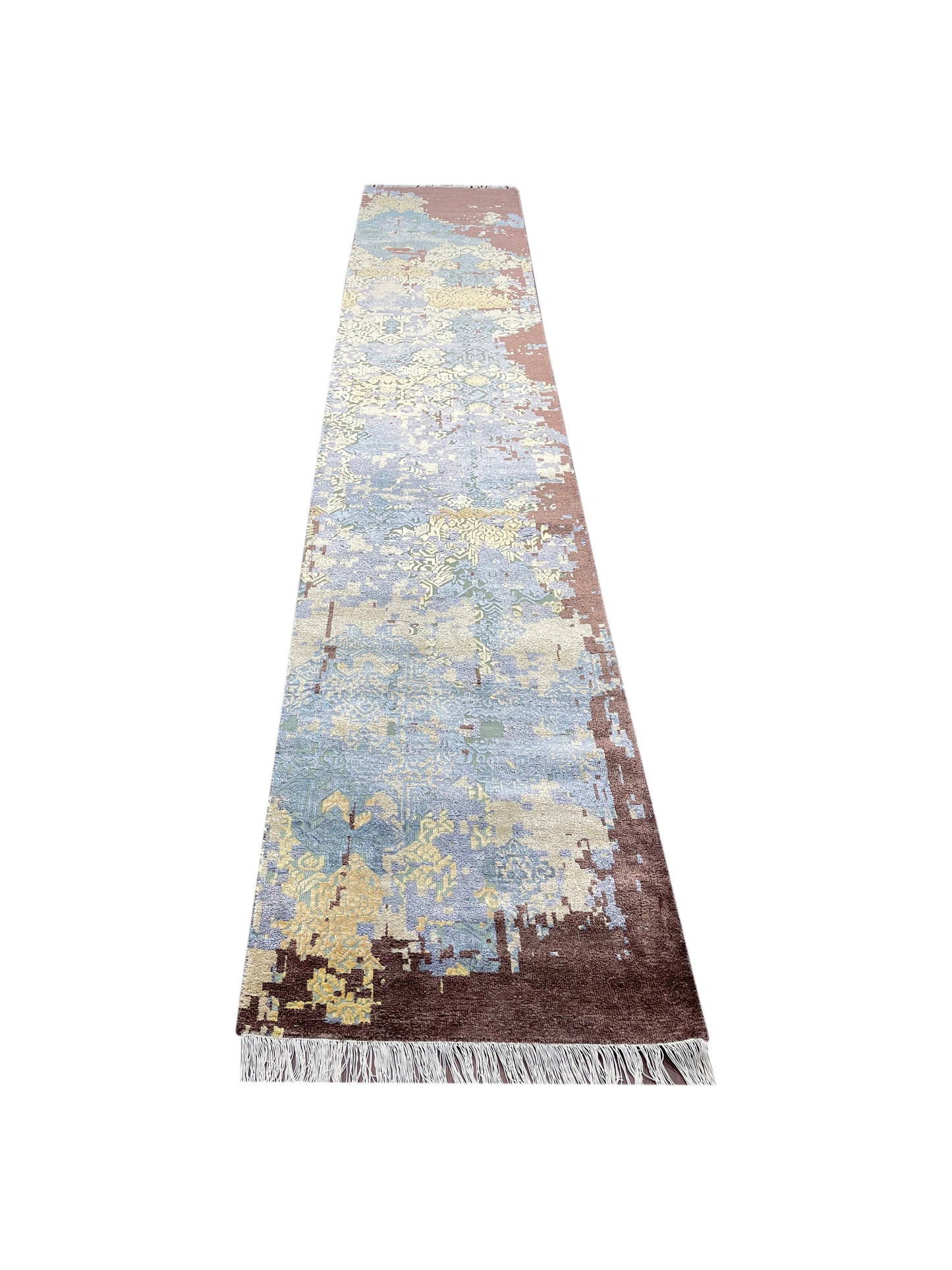 Ivory and Blue Silk and Wool Modern Handknotted Runner Rug 2.5X13.9ft 74X417cms