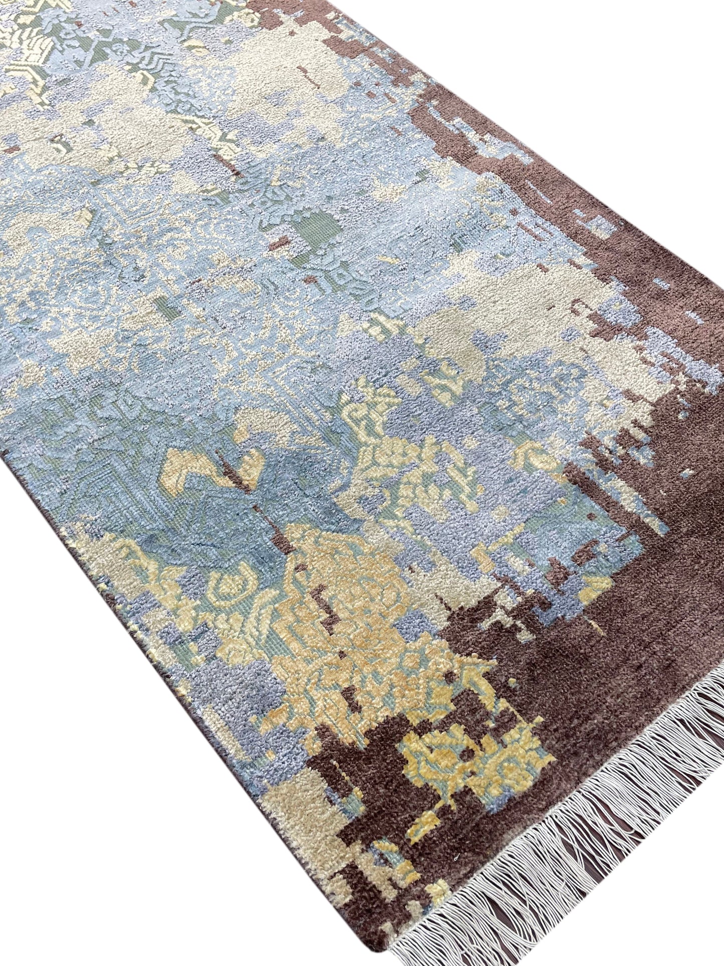 Ivory and Blue Silk and Wool Modern Handknotted Runner Rug 2.5X13.9ft 74X417cms