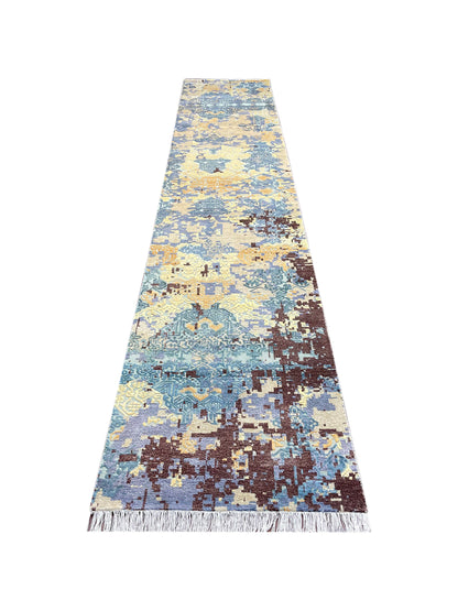 Ivory and Blue Silk and Wool Modern Handknotted Runner Rug 2.5X13.9ft 74X417cms