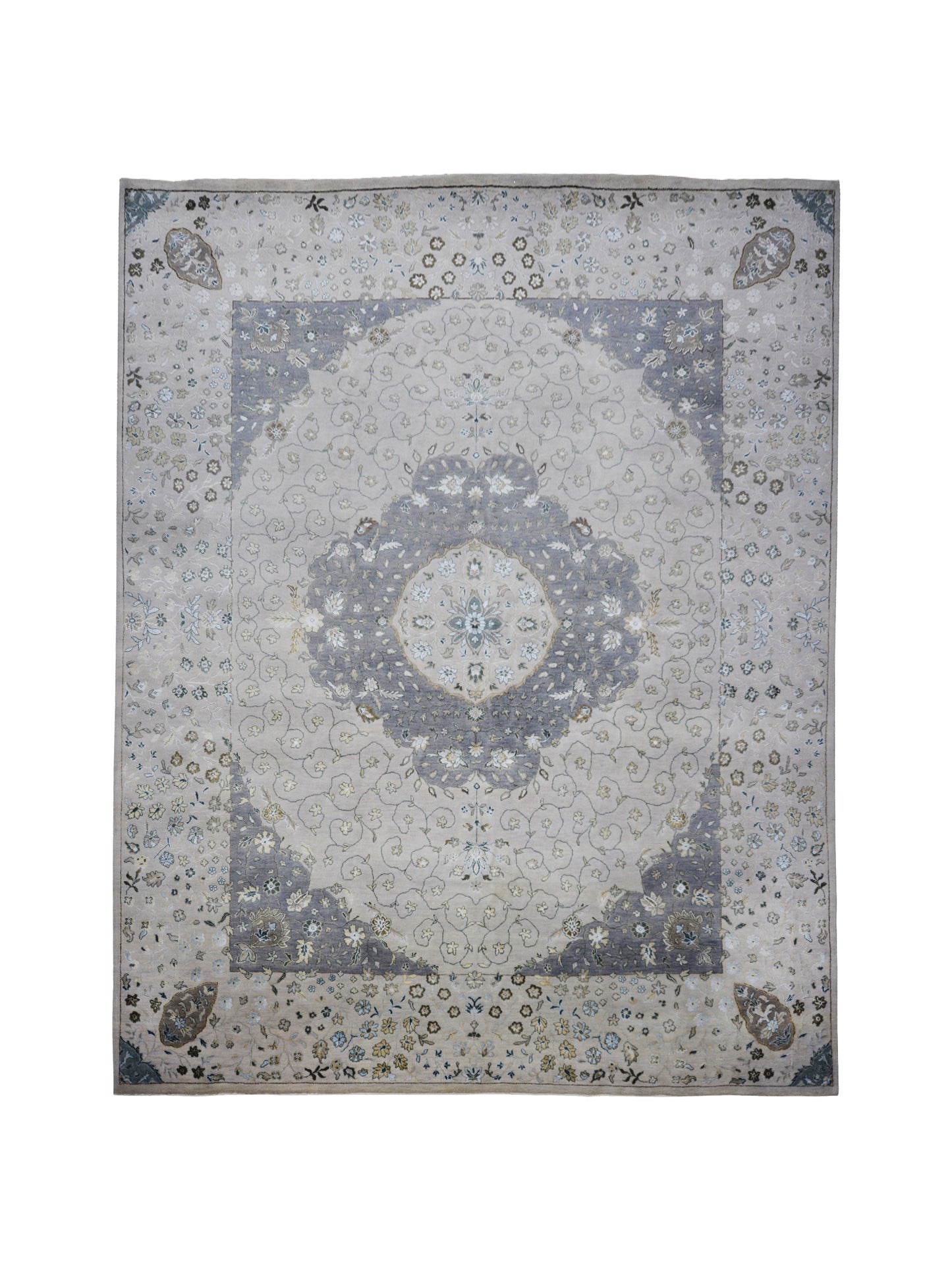 Grey and Ivory Silk and Wool Traditional Tabriz Handknotted Area Rug