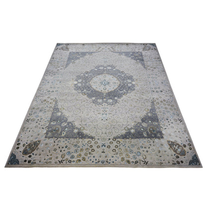 Grey and Ivory Silk and Wool Traditional Tabriz Handknotted Area Rug