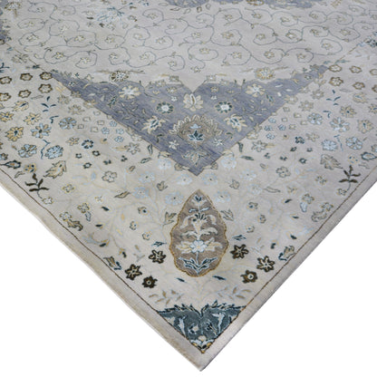 Grey and Ivory Silk and Wool Traditional Tabriz Handknotted Area Rug