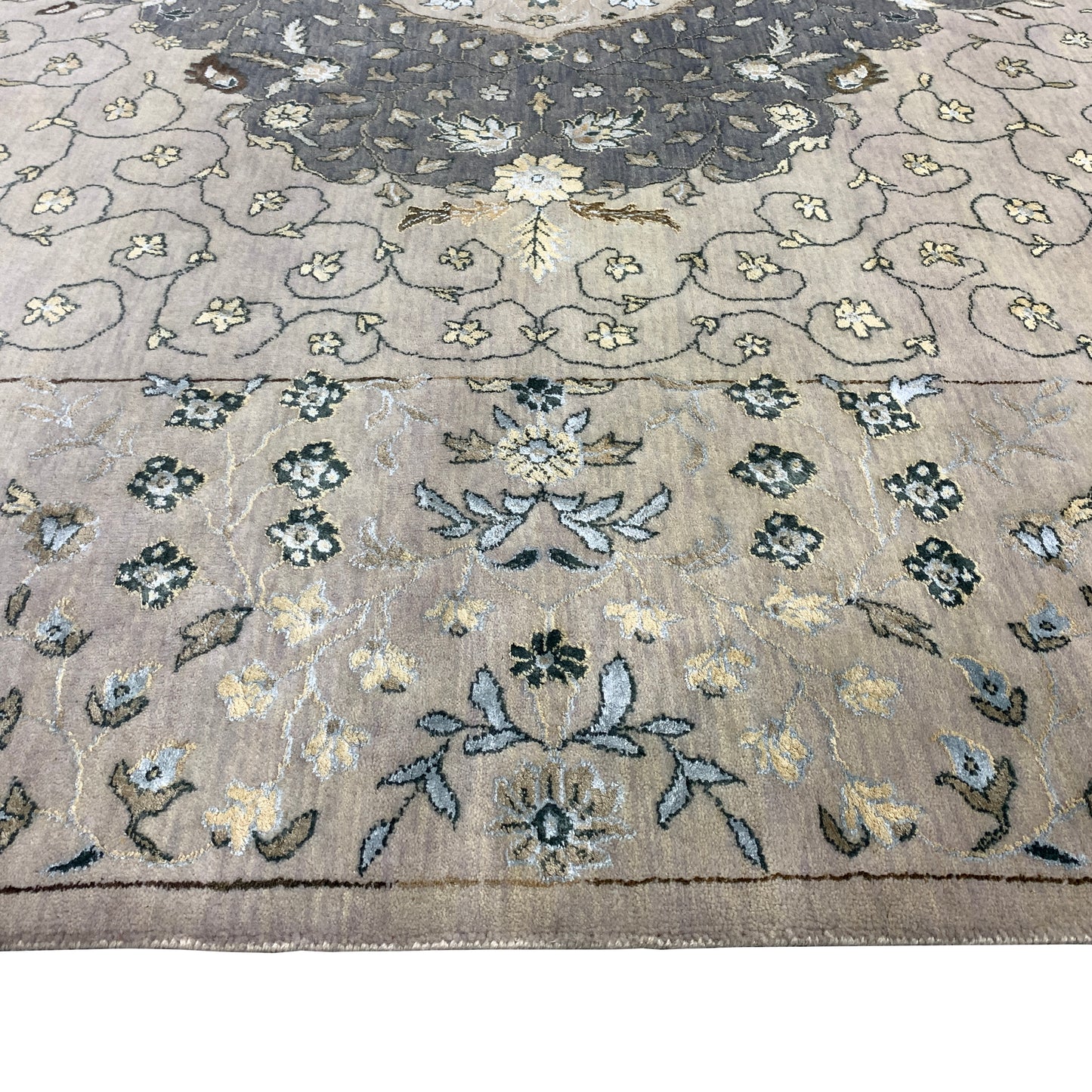 Grey and Ivory Silk and Wool Traditional Tabriz Handknotted Area Rug