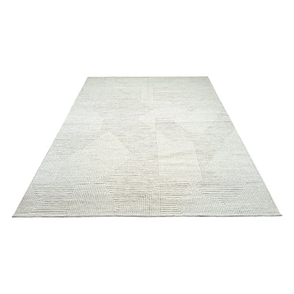 Silver and Beige Modern Japandi Woollen Textured Handknotted Area Rug