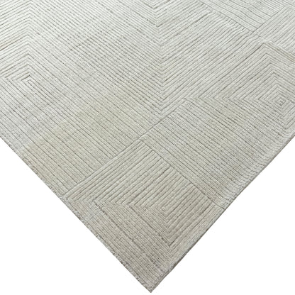 Silver and Beige Modern Textured Woollen Japandi Handknotted Area Rug