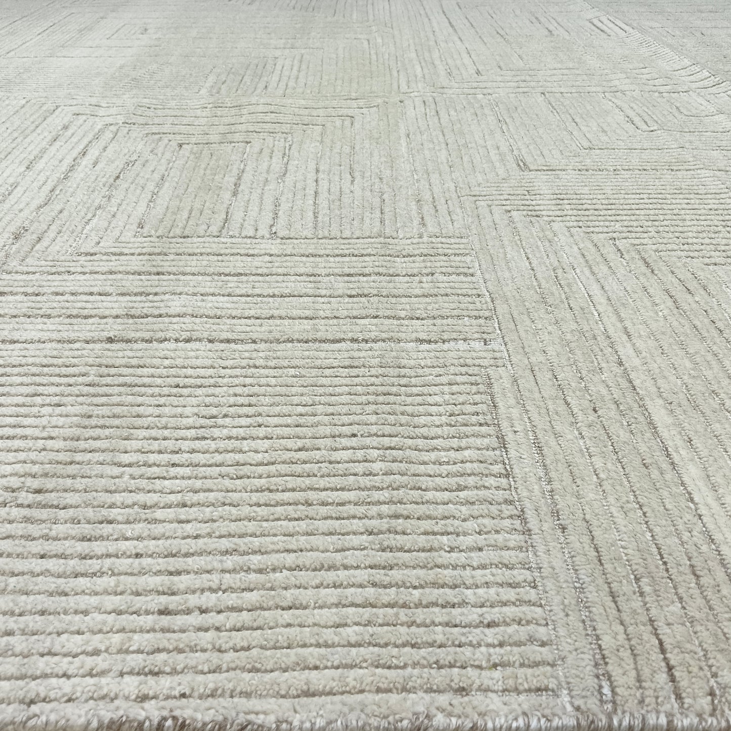 Silver and Beige Modern Textured Woollen Japandi Handknotted Area Rug