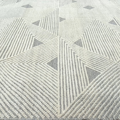 Grey and Ivory Modern Textured Woollen Japandi Handknotted Area Rug