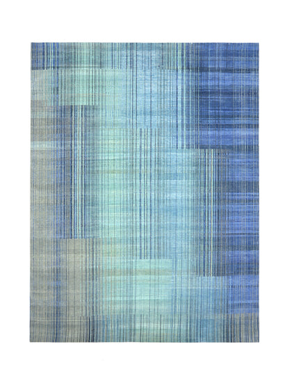 Grey, Blue and Aqua Pure Wool Modern Abstract Handknotted Area Rug