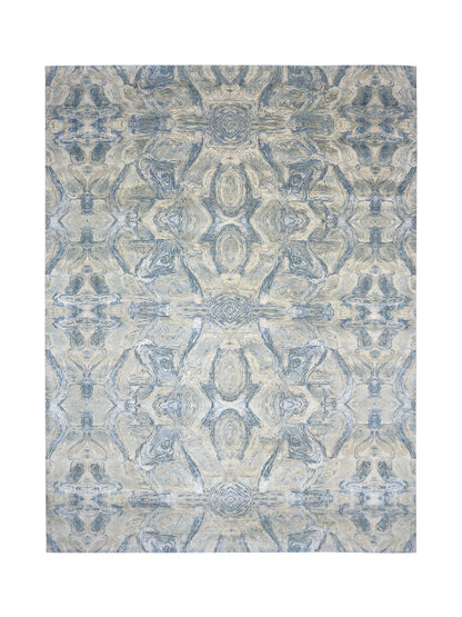 Grey and Blue Silk and Wool Modern Abstract Handknotted Area Rug