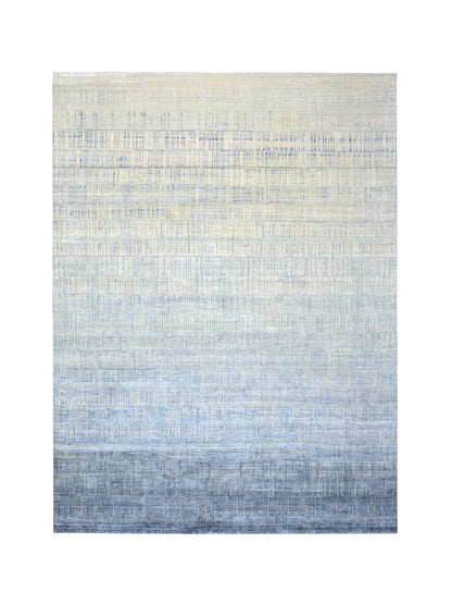 Blue, Grey and Ivory Silk and Wool Modern Textured Handknotted Area Rug