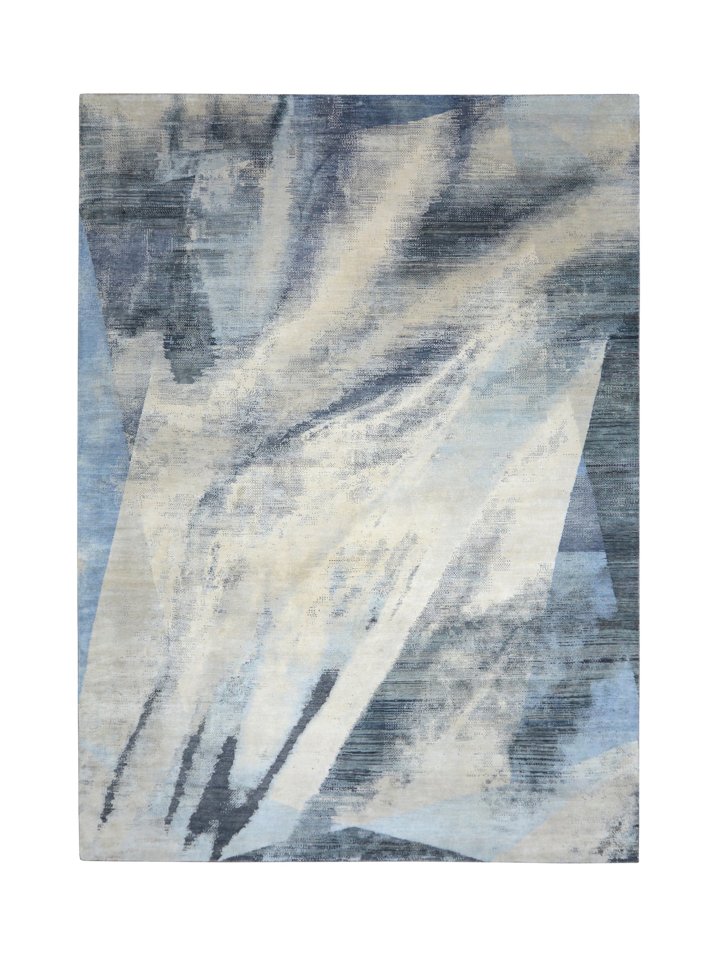 Charcoal, Blue and Grey Silk and Wool Modern Abstract Handknotted Area Rug