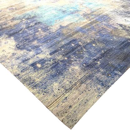 Grey, Blue and Charcoal Pure Wool Modern Galaxy Handknotted Area Rug