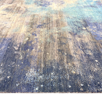 Grey, Blue and Charcoal Pure Wool Modern Galaxy Handknotted Area Rug