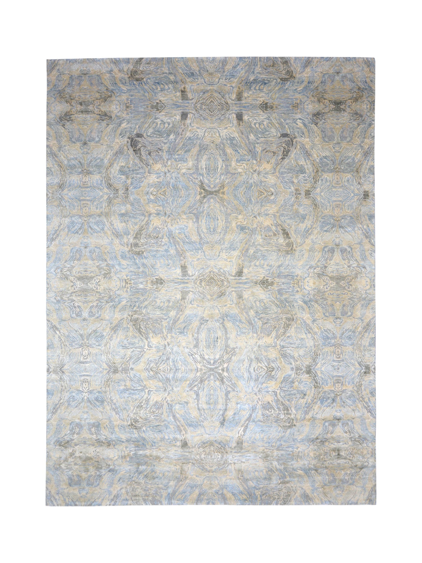 Beige, Grey and Blue Silk and Wool Modern Abstract Handknotted Area Rug