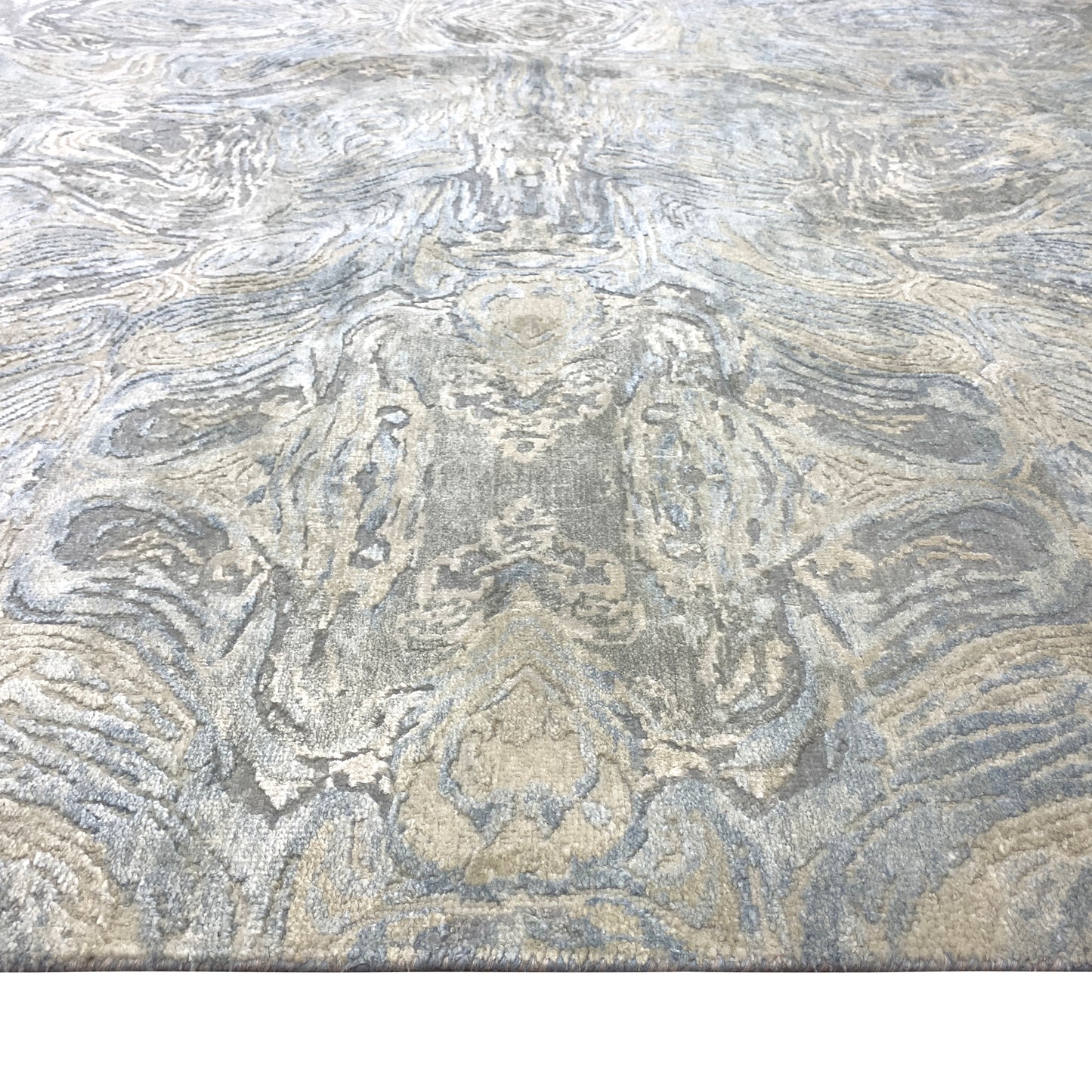 Beige, Grey and Blue Silk and Wool Modern Abstract Handknotted Area Rug