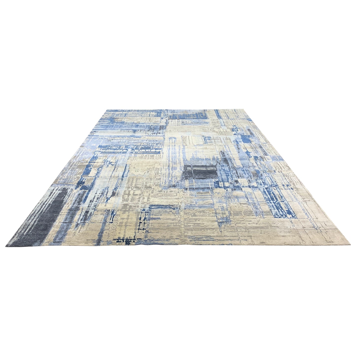 Grey, Blue and Ivory Silk ans Wool Modern Textured Handknotted Area Rug