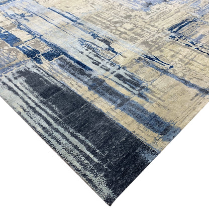 Grey, Blue and Ivory Silk ans Wool Modern Textured Handknotted Area Rug