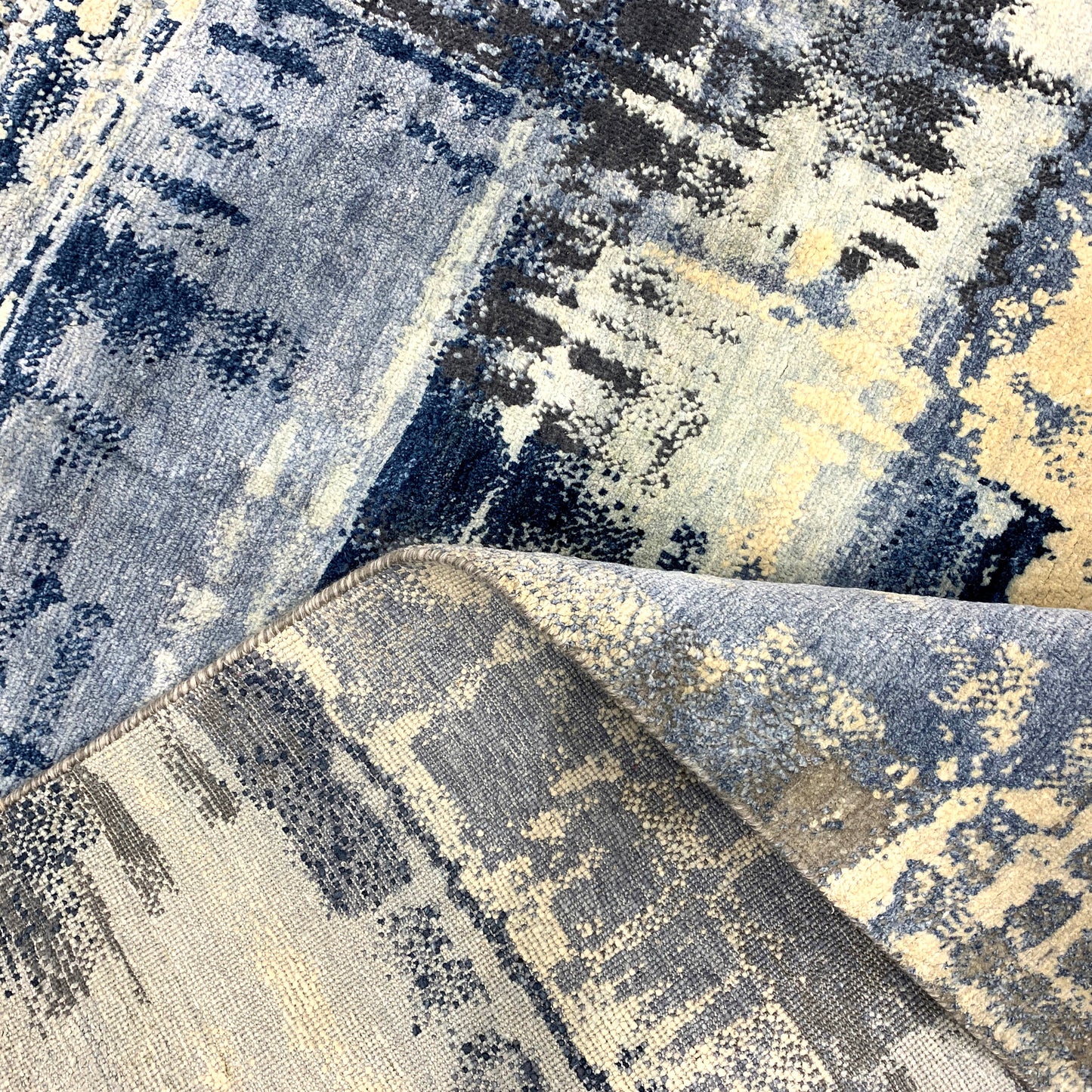 Grey, Blue and Ivory Silk ans Wool Modern Textured Handknotted Area Rug