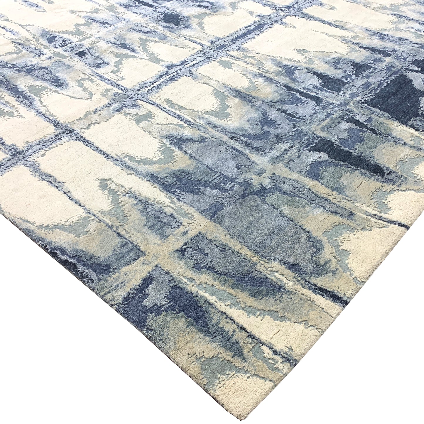 Beige, Grey and Blue Silk and Wool Modern Abstract Handknotted Area Rug