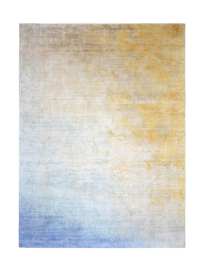 Blue and Gold Art Inspired Modern Abstract Blended Silk Handknotted Area Rug