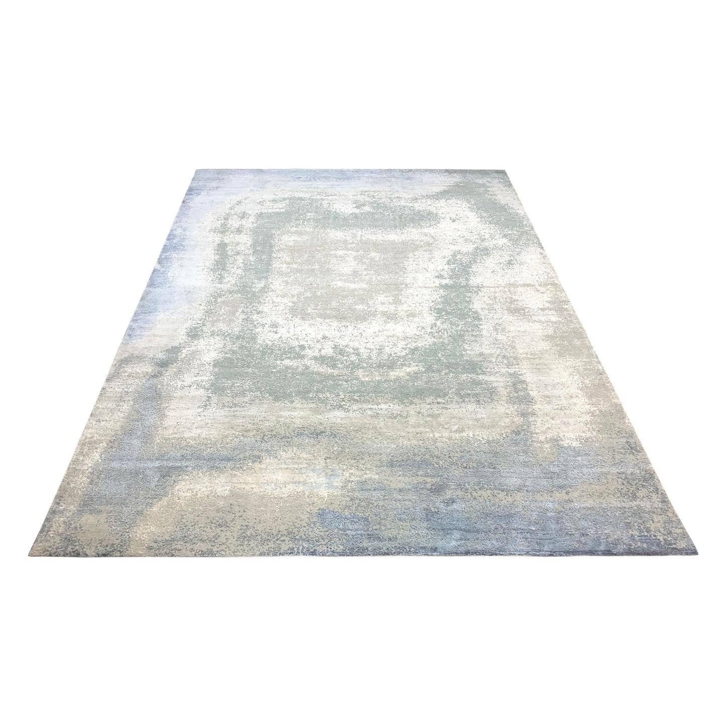 Grey and Blue Silk and Wool Modern Abstract Handknotted Area Rug