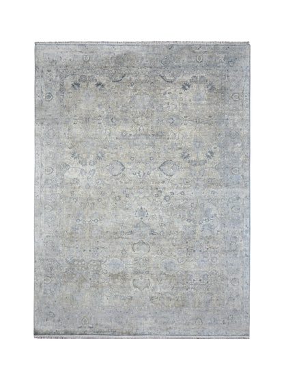 Grey and Ivory Blended Silk Traditional Persian Erased Handknotted Area Rug