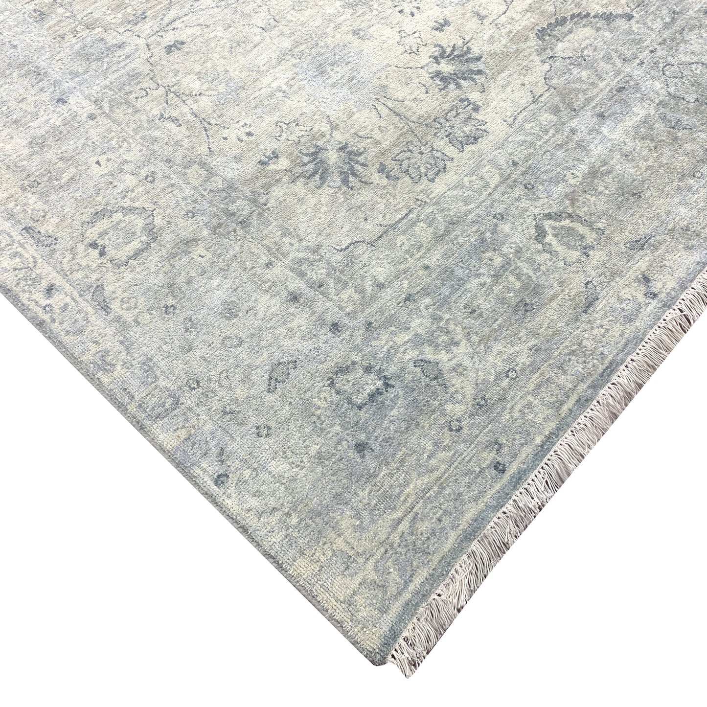 Grey and Ivory Blended Silk Traditional Persian Erased Handknotted Area Rug