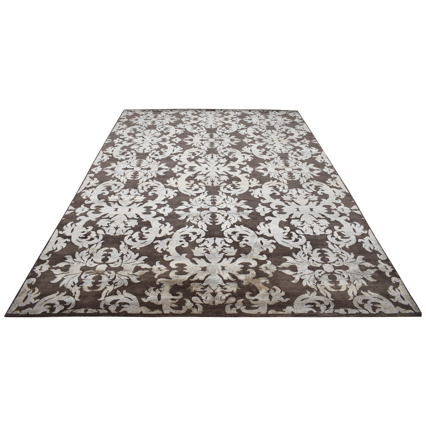 Lisbon Damask Brown and Ivory Transitional Silk and Wool Handknotted Area Rug