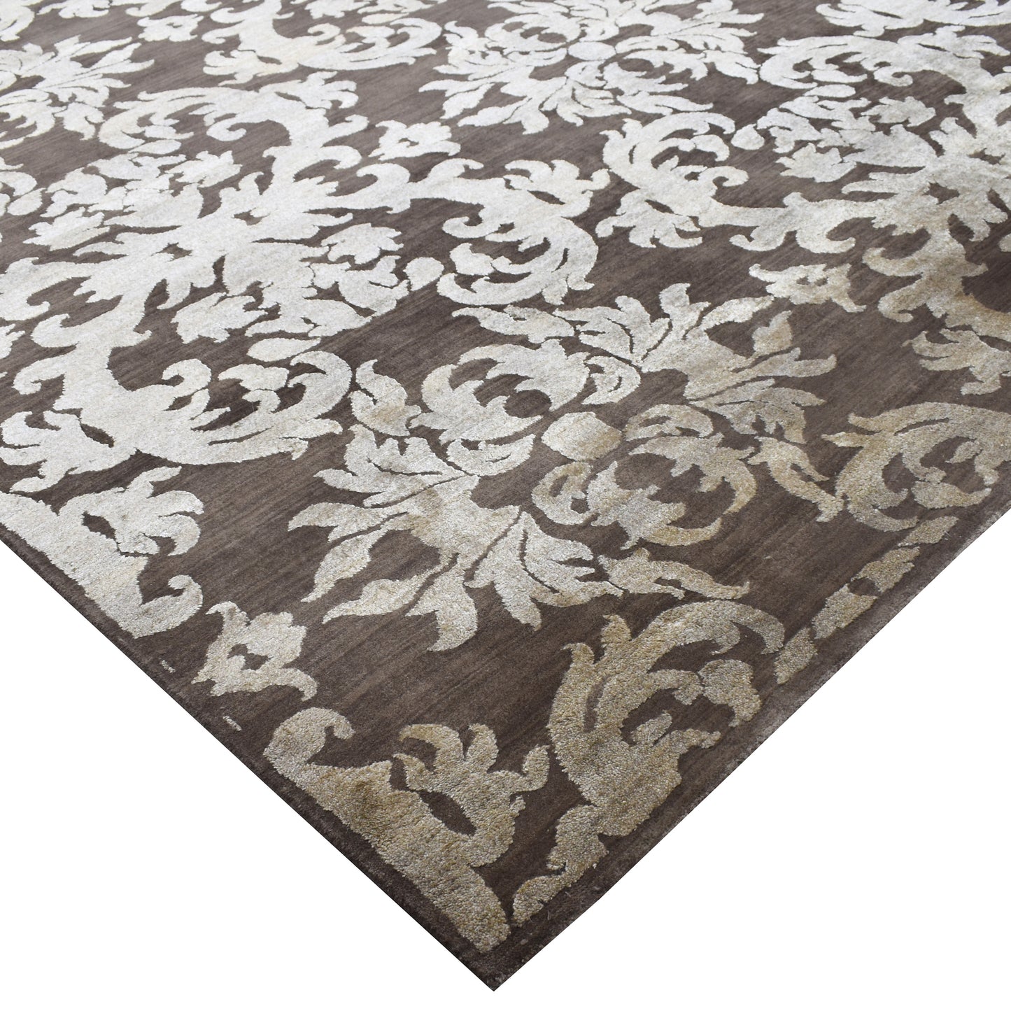 Lisbon Damask Brown and Ivory Transitional Silk and Wool Handknotted Area Rug